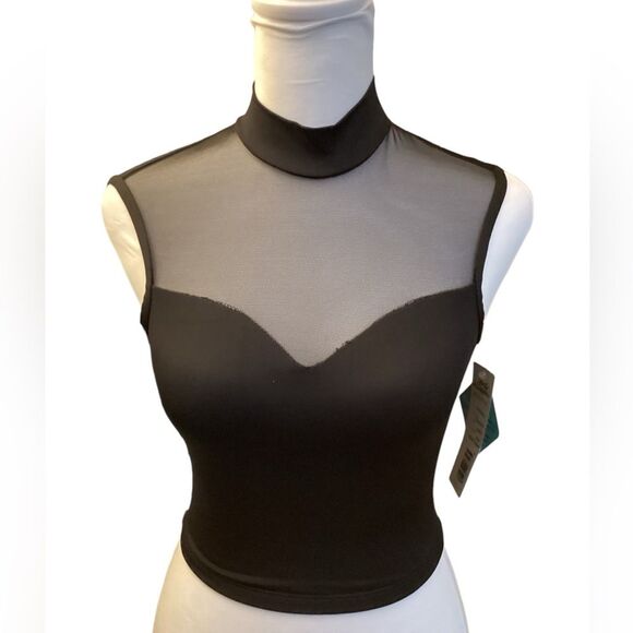 Elegant Black Mesh High Neck Crop‎ Top - Sleeveless Sheer Accent - Picture 1 of 15
